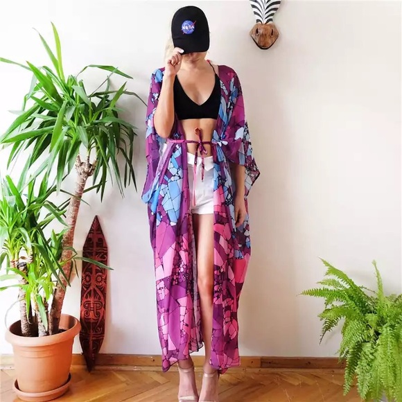 Sol Searching Abstract Print Kimono Swim Cover Up - Picture 6 of 7